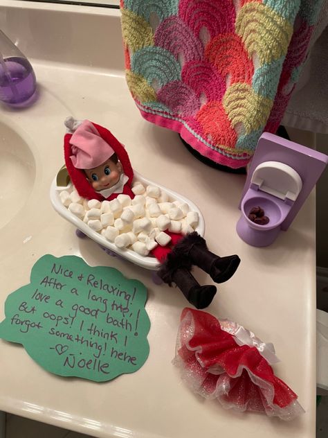 Elf is taking a wonderful spa bath in barbies tub that she moved to the bathroom but oops she left a little something in the potty! Bathroom Elf On The Shelf Ideas, Elf On The Shelf Bathroom, Elf Spa Day, Elf On The Shelf Bathroom Ideas, Elf On The Shelf Bath, Elf On The Shelf Bathtub, Elf Bathtub Ideas, Elf Hot Tub, Elf On Shelf Bathtub