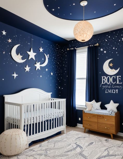 45 Themed Nursery Ideas To Create A Magical And Unique Baby Room Blue And Purple Nursery, Celestial Nursery Theme, Celestial Mobile, Storybook Nursery, Adventure Theme Nursery, Moon Decal, Restful Bedrooms, Purple Nursery, Dark Blue Walls