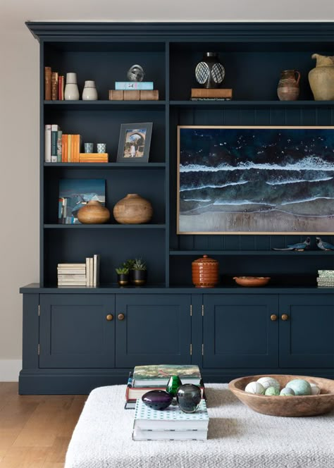 Bespoke Cabinetry - JH Designs Cabinetry Living Room, Style A Bookcase, Blue Bookshelves, Blue Bookcase, Moody Home Decor, Styling A Bookcase, Dark Blue Living Room, Blue Shelves, Oval Room Blue