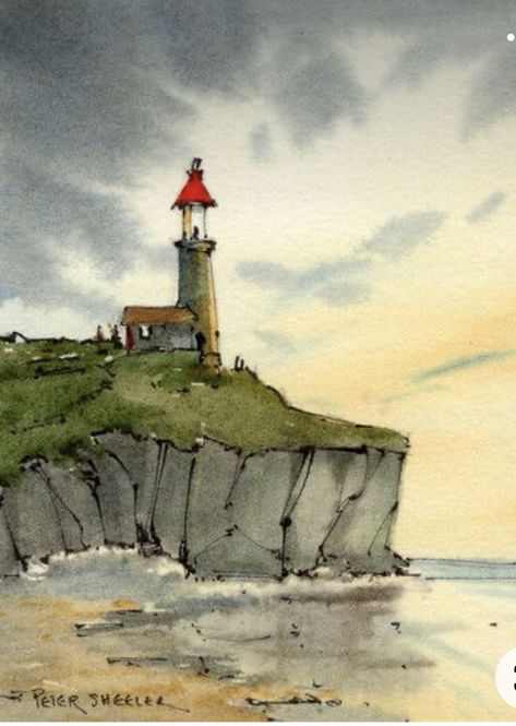 Peter Sheeler Watercolor, Peter Sheeler Pen And Wash, Watercolour And Pen Art, Peter Sheeler, Lighthouse Sketch, Ink And Wash, Watercolor House Painting, Watercolor Scenery, Good Nights