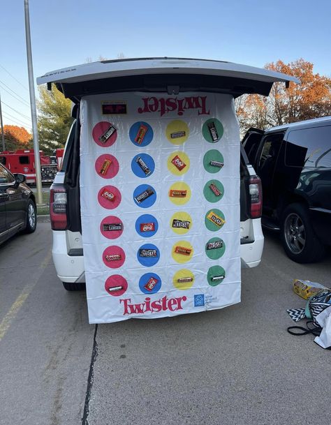 Trunk Or Treat Twister, Easy Trunk Or Treat Ideas For Suv Diy Ideas, Twister Theme Trunk Or Treat, Twister Treat Trunk Or Treat, Twister Board Game Trunk Or Treat, Trunk Or Treat Twister Game, Board Game Trunk Or Treat, Golf Trunk Or Treat, Twister Board Game