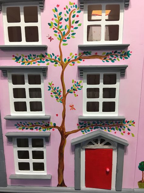 Painted using acrylics. Hand painted. Hand Painted Dolls House, Painted Doll House, Maileg House, Doll House Makeover, Painted Doll, Painted Dolls, House Interior Ideas, Dolls House Interiors, Barbie Doll House