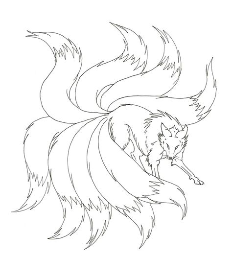 Kitsune Kitsune Drawing Reference, Nine Tailed Fox Drawing, Wolf Tail Drawing, Nine Tailed Fox Art, Fox Coloring Pages, Wolf Deviantart, Fox Sketch, Tail Drawing, Fox Tattoo Design