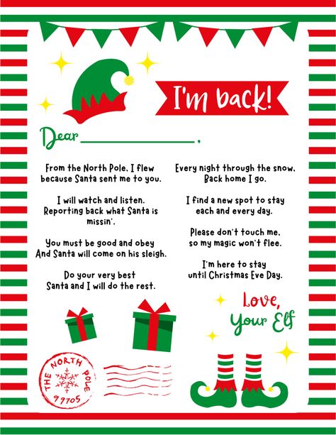 Elf On Shelf Letter, Elf Letters Printable, Welcome Back Letter, Elf On The Shelf Arrival, Elf Notes, Elf Letters, Elf Me, Awesome Elf On The Shelf Ideas, Elf Fun