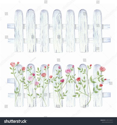 How To Draw A Fence, Garden Fence Drawing, Fence Drawing, Fence Illustration, Wooden Fence Clipart, Flower On White Background, White Picket Fence Illustration, Hot Air Balloon Clipart, Balloon Clipart