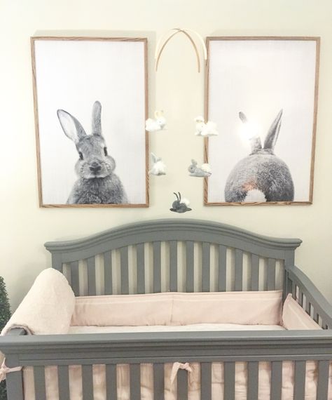 Bunny nursery. Posters from etsy and mobile hand made. Pink and gray nursery. Black and white. Baby Nursery Boy, Bunny Nursery Decor, Pink And Gray Nursery, Girl Nursery Pink, Boy Nursery Themes, Gray Nursery