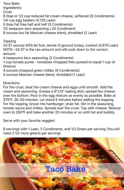 Optavia Lean And Green Casserole Recipes, Lean And Green Taco Bake, Optavia Taco Bake, Herb Biscuits Recipe, Optavia Hacks, Fueling Hacks, Optavia Meals, Mexican Entrees, Medifast Recipes