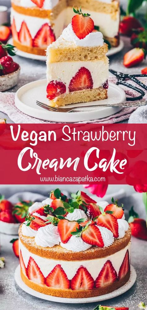 Vegan Vanilla Strawberry Cake, Vegan Strawberries And Cream Cake, Vegan Cream Cake, Vegan Strawberry And Cream Cake, Vegan Cake With Fruit, Vegan Strawberry Dessert, Strawberry Recipes Vegan, Strawberry Vegan Cake, Vegan Summer Desserts