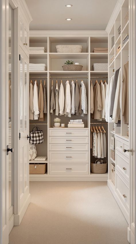 Walk In Closet Ideas Small Closet Interior, 6 X 7 Walk In Closet, Gold And White Closet, Built In Closet Storage, Walk In Closet Ideas Minimalist, Basic Walk In Closet, Shallow Walk In Closet, Women’s Closet Design, Small Walk In Closet With Window