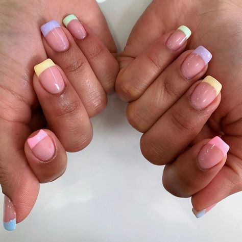 Multi Coloured French Tips, Multi Colour Nail Art, Multi Colour French Tip Nails, Coloured French Tip Nails, Bali Nails, Gel Overlay Nails, Stickers Butterflies, Concert Nails, Colored Nail Tips