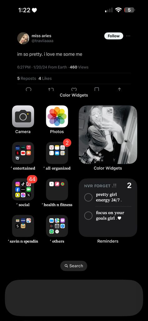 Iphone Set Up Ideas Homescreen Simple, Ios Home Screen Layout Simple, Baddie Phone Organization, Iphone Aesthetic Setup, Homescreen Ideas Baddie, Widgetsmith Homescreen Ideas, Iphone 12 Layout Homescreen, Home Page Design Iphone, Iphone Wallpaper Set Up