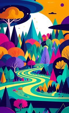 Nature Pop Art, Flat Design Illustration Landscape, What To Draw On Procreate, Draw On Procreate, Pop Art Landscape, Art Deco Poster Design, Flat Color Illustration, Illustration Mountain, Background Artwork