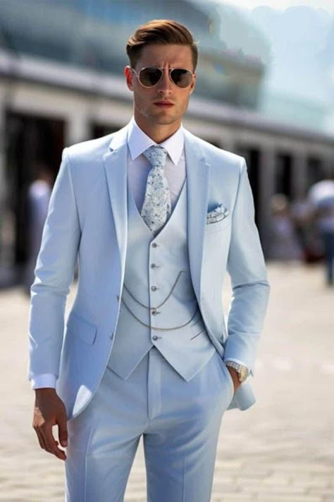 Elegant Icy Blue Wedding Suit for Men - Dapper Groom Attire- Tailored Suit Listing Include (Coat + Vest + Pant) Fabric :- Premium Color : Icy Blue Dry Clean Recommended The suit is for wedding, Party, Proms, and Etc Express Shipping to world-wide but Remote Area May Take Longer Little color variation may possible due to photography and lights Three Piece Suit For Men, Blue Three Piece Suit, Blue Groomsmen, Blue Tux, Light Blue Suit, Blue Suit Men, Blue Suit Wedding, Light Blue Wedding, Blue Tuxedos