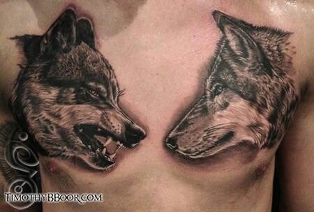 B Conflict Tattoo, Fox Chest Tattoo, White And Black Wolf, Wolf Chest Tattoo, Man Chest, Lup Singuratic, Internal Conflict, Paradise Tattoo, Two Wolves