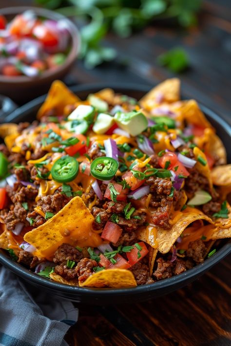 Loaded nachos topped with ground beef, cheese, tomatoes, onions, jalapeños, and cilantro in a black bowl. Loaded Doritos Nachos, Air Fryer Chicken Nachos, Loaded Nachos Recipe Beef, Movie Night Foods, Fall Roast, Nachos Aesthetic, Nachos And Cheese, Air Fryer Nachos, Loaded Nachos Recipe