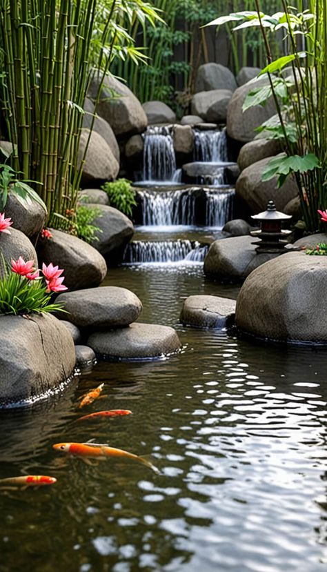 Japanese zen garden and koi fish - AI creation Koi Fish Pond Aesthetic, Fish Pond Aesthetic, Jardin Zen Interior, Steampunk Pictures, Japanese Koi Pond, Pond Aesthetic, Japanese Zen Garden, Zen Moments, Rock Photography