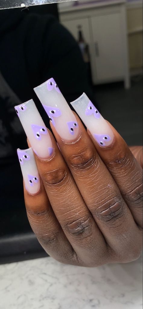 Nail Designs Cdg Heart, Sneaker Ball Hair Ideas, Baddie Nail Ideas Medium Length, Long Square Acrylic Nails Summer, Cdg Nails Acrylic, Acrylic Nails And Toes Matching Ideas, Cdg Heart Nails, Cute Nail Sets, Lavender Nails Acrylic