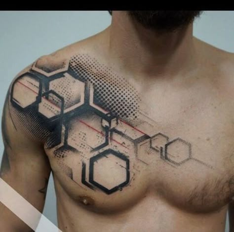 Chest Tattoo Designs For Men, Chest Tattoo Men Ideas, Tattoo Men Ideas, Biomech Tattoo, Tatuaje Trash Polka, Hexagon Tattoo, Tech Tattoo, Honeycomb Tattoo, Trash Polka Tattoo Designs