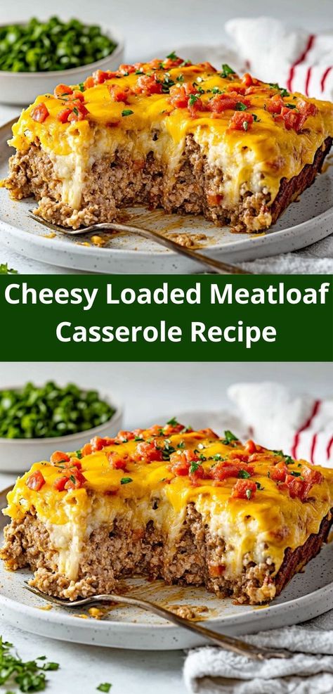 Discover a delicious twist on traditional beef recipes with this Cheesy Loaded Meatloaf Casserole. It’s a cheesy, flavorful dish that’s not only easy to make but also ideal for family gatherings or cozy nights in." Loaded Meatloaf Casserole, Loaded Meatloaf, Juicy Meatloaf, Savory Meatloaf, Cheesy Meatloaf, Casseroles Recipes, Meatloaf Casserole, Ground Recipes, Homemade Meatloaf