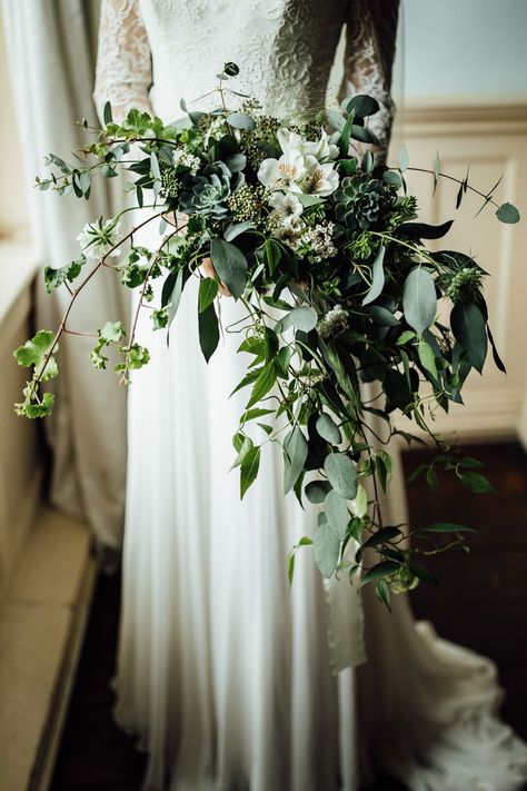 Cascading bouquet with foliage and white flowers.  Winter wedding, classic green & white wedding inspiration.  See the full supplier list on the blog, link below. Flowers Winter Wedding, Fern Wedding, Greenery Wedding Bouquet, Green Wedding Inspiration, Cascading Bouquet, Forest Theme Wedding, Flowers Winter, Winter Wedding Bouquet, Winter Bouquet