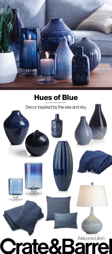 Stay true to blue with deep-sea glazed vases, sea-toned textiles and sky blue glass. Navy Blue Accessories Living Room, Navy Vases Decor, Navy Bedroom Accessories, Blue Living Room Accessories, Sky Blue Bedroom Decor, Navy Blue Decor Ideas, Navy Blue Farmhouse Decor, Blue Bedroom Accessories, Living Room In Blue Tones