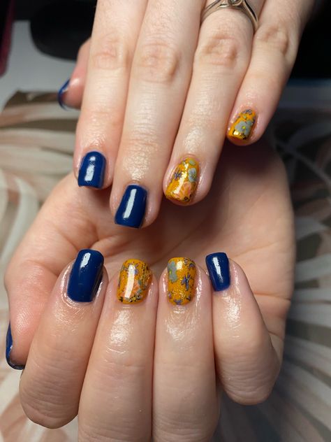 Embrace the Cozy autumn Vibes with these Navy and Mustard Nails, Adorned with Delicate Floral Foil! 🌼 Mustard Nails, Cosy Vibes, Cozy Autumn, Autumn Vibes, Autumn Cozy, Fall Vibes, Nail Art Designs, Mustard, Foil