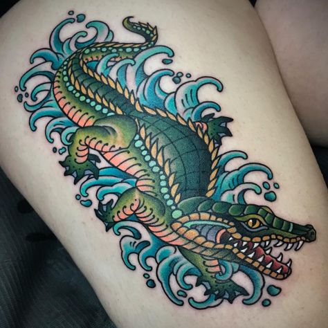 Tattoo Profile, Traditional Tattoo Leg Sleeve, Louisiana Tattoo, Alligator Tattoo, Crocodile Tattoo, Traditional Tattoo Inspiration, Traditional Tattoo Sleeve, Make Tattoo, Traditional Tattoo Design