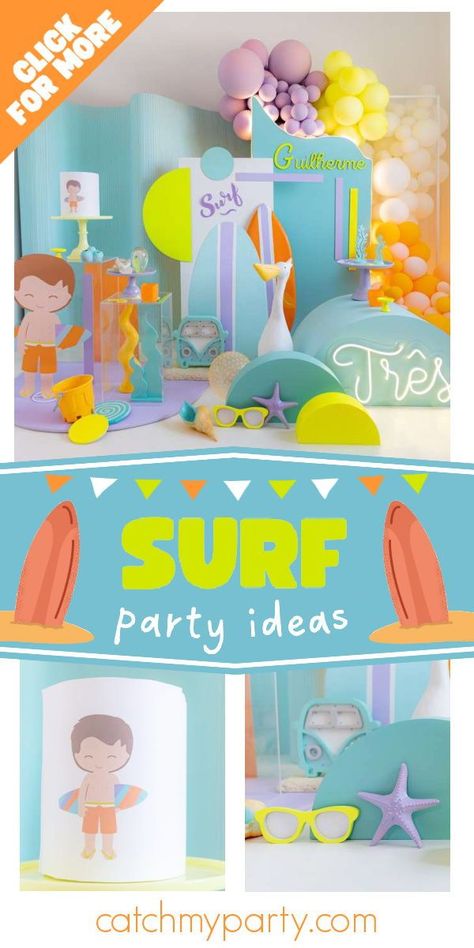 Check out this fun surf-themed birthday party! The dessert table is fantastic! See more party ideas and share yours at CatchMyParty.com Surf Birthday Party, Summer Party Planning, Surf Birthday, Surf Party, Summer Birthday Party, Birthday Party Activities, Childrens Birthday Party, Beach Surf, Summer Birthday