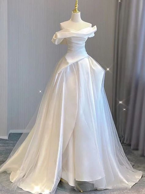 White Satin Tulle Off the Shoulder Pleats Wedding Dress fg4100 – formalgowns White Off The Shoulder Wedding Dress, White Cotillion Dresses, White Ballgown Dress, Off The Shoulder Wedding Dress, Winter Wedding Venues, Tulle Wedding Dresses, Shoulder Wedding Dress, Tulle Sleeves, Satin Tulle