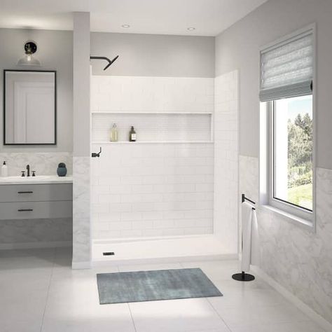 Bootz Industries Nextile 60 in. W x 74 in. H x 30 in. D 4-Piece Direct-to-Stud Alcove Subway Tile Shower Wall Surround in White Z041-6000-00 - The Home Depot Prefab Showers, Shower Insert Ideas, Corner Shower Stalls, Shower Stall Kits, Subway Tile Design, Shower Wall Kits, Subway Tile Showers, Shower Inserts, Bathroom Shower Walls