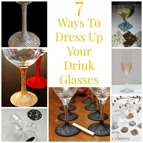 Are you looking for a way to dress up your stemware for the next party?  These 7 ideas can add a little color and decor for your party theme.  They are all very cute, but  very easy to do.  Take a … Party Glasses Ideas, Wine Glass Decorating Ideas, Decorating Glasses, Glitter Dipped Wine Glasses, Diy Glasses, Wine Glass Designs, Drink Glasses, Diy Wine Glasses, Knitting Diy