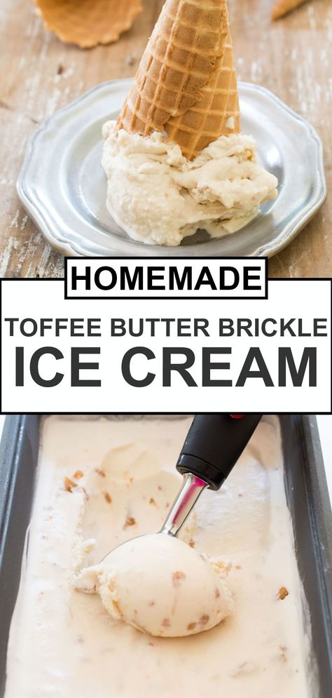 This Butter Brickle Ice Cream with Homemade Toffee is incredibly easy to make. Add all of the homemade ice cream ingredients to a saucepan and cook just until the sugar dissolves. Let the mixture cool in the fridge and add to your ice cream maker. This homemade Butter Brickle ice cream recipe is so much better than store bought and is worth the effort! Try it this summer - this treat is perfect for hot days! #icecream #homemadetoffee Butter Brickle Ice Cream, Homemade Ice Cream Ingredients, Butter Brickle, Chef Savvy, Kitchen Aid Recipes, Homemade Toffee, Vanilla Ice Cream Recipe, Pumpkin Coffee Cakes, Freezer Meal Prep