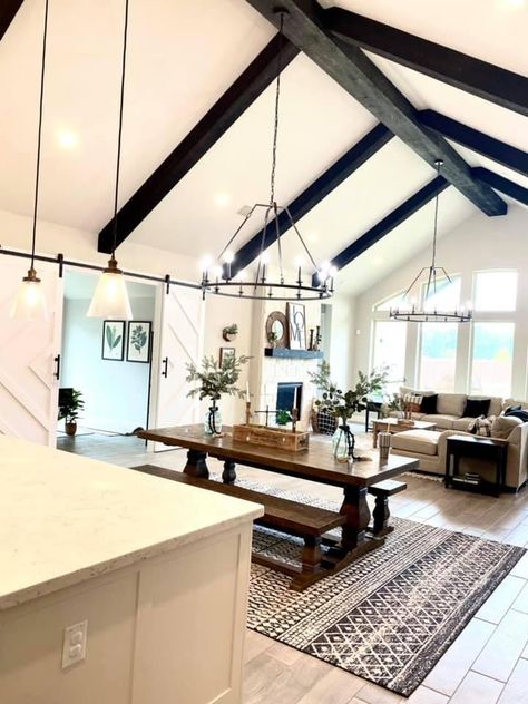 Black Beams Living Room, Vaulted Ceiling Dining Room, Black Beams, Beam Ideas, Cathedral Ceiling Living Room, Vaulted Ceiling Beams, Beams Living Room, Dream Dining Room, Interior Ceiling