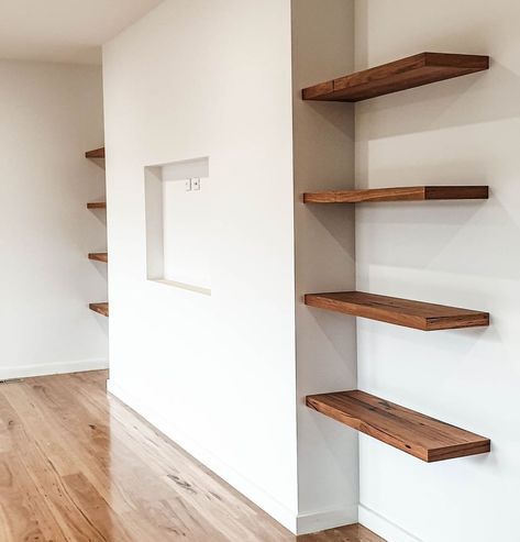 Narrow Floating Shelf, Timber Floating Shelves, Office Feature Wall, Fake Walls, Store Shelves Design, Floating Bookshelf, Floating Shelves Bedroom, Timber Shelves, Walnut Shelves