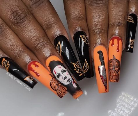 Michael Myers Nail Designs, Michael Myers’s Nails, Spooky Season Nails Acrylic, Michael Myers Nails Acrylic, Pumpkin Nails Acrylic, Michael Myers Nails, Scary Nails, Bat Nails, Black Halloween Nails