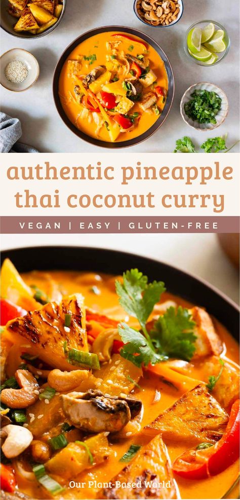 Embark on a culinary journey with "Savor the Tropics: Vegan Coconut Pineapple Thai Curry Recipe!" Explore the exotic fusion of creamy coconut, tangy pineapple and Thai spices in this vibrant dish. It's not just a curry, it's a tropical fiesta that attends to your health and tantalizes your palate. Get cooking, go vegan, stay ecstatic! Thai Coconut Recipes, Vegan Recipes Curry, Thai Coconut Curry Vegan, Vegan Thai Lemongrass Coconut Curry Soup, Summer Curry Recipes, Pineapple Tofu Curry, Veggie Coconut Curry Recipes, Thai Curry Authentic, Thai Coconut Curry Vegetarian