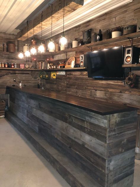 Bars In Garage, Homemade Bar Ideas Man Caves, Bar Ideas For Garage Man Cave, Bar Ideas For Restaurants Rustic, Garage Bars Diy, Homemade Bars Mancave, Barnwood Bar Ideas, Rustic Garage Bar Ideas, Bar Ideas For Home Man Caves