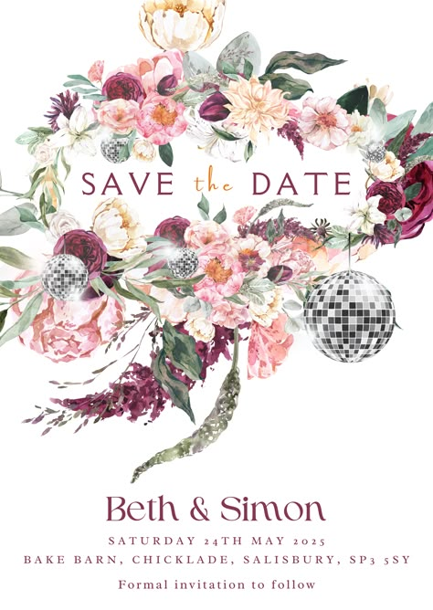 Save the Date invitations for wedding - floral, autumnal, rustic, disco balls, party Disco Balls Party, Disco Theme, Xmas Cake, Indian Bride Outfits, Bride Outfits, Disco Balls, Formal Invitation, Save The Date Invitations, Bride Clothes