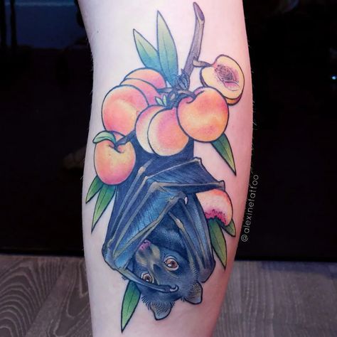 Killjoy Tattoo, Traditional Heart Tattoos, Peach Tattoo, Fruit Tattoo, Food Tattoos, Bat Tattoo, Nature Leaves, Fruit Bat, Floral Tattoo Sleeve