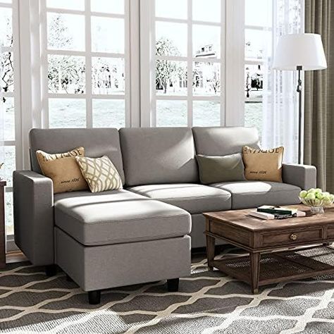 HONBAY Convertible Sectional Sofa, L Shaped Couch with Linen Fabric, Reversible Couch for Small Space, Light Grey Small Apartment Couch, Pretty Apartments, Comfortable Sectional Sofa, L Sofa, Sofa Convertible, Cheap Couch, Faux Leather Sectional, Couches For Small Spaces, Sofas For Small Spaces