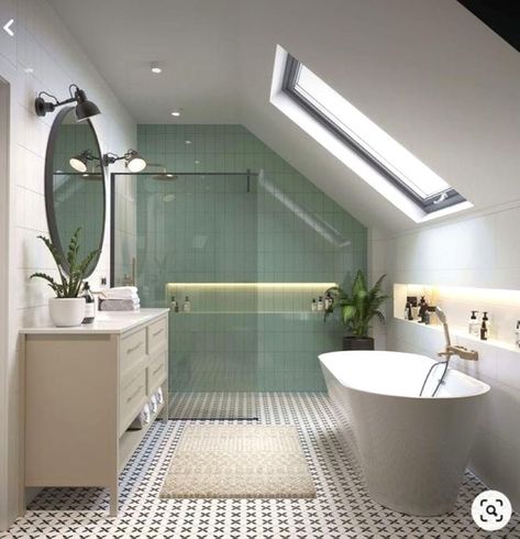 Attic Room Bathroom, Roof Window Bathroom, Sloping Roof Bathroom, Loft Bathroom Ideas Sloped Ceiling With Bath, En Suite In Eaves, Dorma Loft Bathroom, Bathroom With Velux Window, Velux Bedroom Ideas, Walk In Shower Window