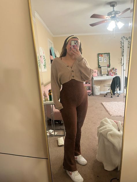 amazon, jumpsuit, brown, fall, fall fashion, outfit, sweater, sneakers, nike, sweater weather, fall outfit, trend, romper, headband Brown Romper Outfit, Sweater Romper Outfit, Brown Jumpsuit Outfit, Amazon Jumpsuit, Brown Romper, Brown Jumpsuits, Brown Flares, Fitted Romper, Flare Jumpsuit