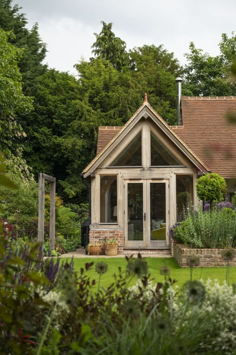 Surrey Manor House Garden Room | Border Oak Feature Brick Wall, Rustic Sunroom, Bungalow Conversion, Border Oak, English Farmhouse, Oak House, Modern Country Style, House Restoration, New Garage