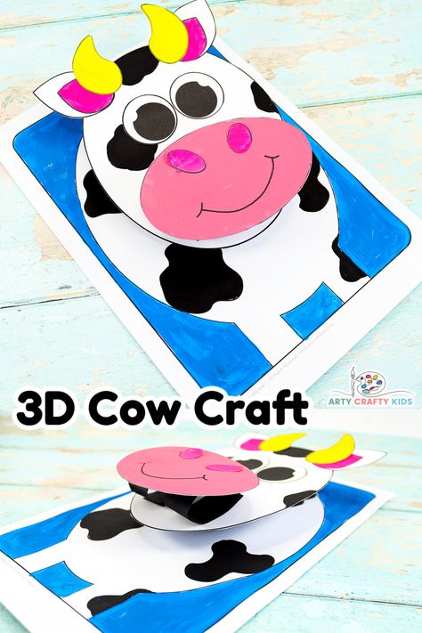 Learn how to make a 3D Paper Cow Craft with one simple paper folding technique! Our adorable cow paper craft is a fantastic first step into exploring the art of 3D paper crafting and encourages children to think about the use of perspective in their creativity. 3d Cow Craft, Cow Craft Kindergarten, Cow Paper Craft, Cow Crafts Preschool, Cow Crafts For Kids, Cow Crafts, Paper Cow, Zoo Animal Crafts, Cow Craft