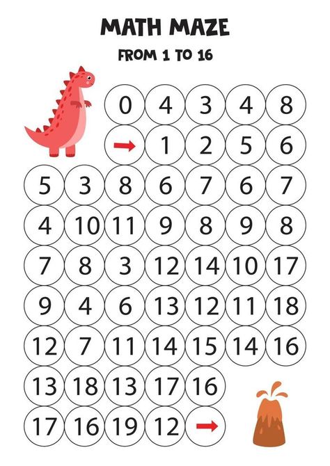 Counting game for kids. Math maze with dinosaur. Math Maze, Maze Worksheet, Printable Games For Kids, Dots Game, Kids Math, Counting Games, Math Games For Kids, Cartoon Bee, Maze Game