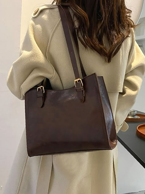 Olivia Mark - Minimalist Tote Bag - Women Tote Bags Style: Elegant,Color: Coffee Brown,Quantity: 1 piece,Strap Type: Double Handle,Pattern Type: Plain,Bag Size: Medium,Type: Shoulder Tote Bag,Material: PU Leather,Coating: 100% Polyurethane,Composition: 100% Polyester attr_name: , Bag Width: 5.7 inch, Bag Height: 9.4 in Hand Bags For Women For Office, Bag Office Women, Shoulder Bag Leather Woman, Work Shoulder Bag, Office Bag Aesthetic, Shoulder Tote Bag Outfit, Bags For University For Women Aesthetic, Bag For Office Women, Elegant Bags For Women