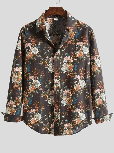 Men Allover Floral Print Button Up Shirt | SHEIN USA Patterned Button Up Men, Mens Long Sleeve Button Up Shirts, Pattern Button Up Shirt Outfit Men, Floral Button Up Shirt Outfit Men, Pattern Button Up, Patterned Button Up, Floral Dress Shirt Men, Bf Outfits, Enby Fashion