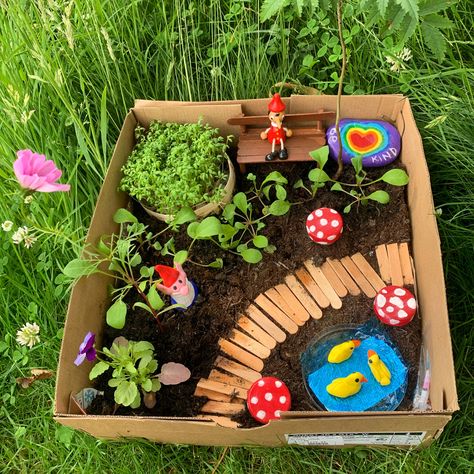 My Sons entry for the One seed forward shoebox garden competition. Fairy Garden Box, Shoe Box Crafts, Toddler Sensory Bins, Garden Crafts For Kids, Fairy Garden Birthday Party, Vegetable Boxes, Garden Activities, Recycled Art Projects, Garden Workshops