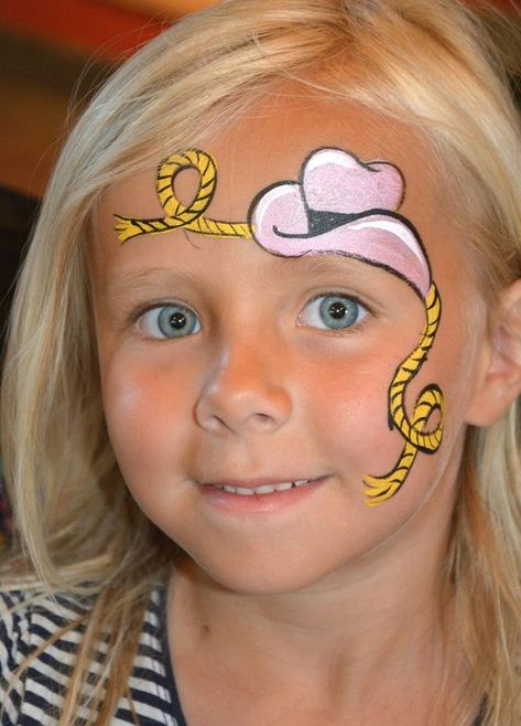 Cowboy face paint: Cowboy Hat Face Paint, Country Face Paint, Sesame Street Face Paint, Cheek Art Face Paint Simple, Cheek Face Painting Ideas, Horse Face Paint, Boy Halloween Makeup, Face Painting Ideas For Kids, Painting Ideas For Kids