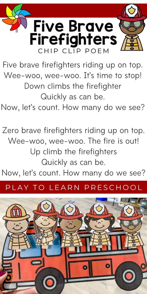 Children love learning how community helpers serve and protect their community every day, so this firefighter poem is perfect. Not only do they learn about community helpers, but they practice math concepts such as addition, subtraction, counting, and numbers. #preschoolactivity #mathconcepts #communityhelpers Learning About Firefighters, Community Helpers Preschool Circle Time, Firefighter Songs For Preschool, Firefighter Community Helper Activities, Community Helpers Preschool Songs, Five Little Firefighters, Safety Helpers Preschool Activities, Fire Safety Songs For Preschool, Community Helpers Preschool Activities Crafts